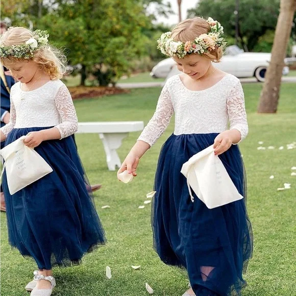 Toddler Full-Length Tulle Tutu Lace Back Party Flower Girl Dress - Navy - Picture 2 of 4